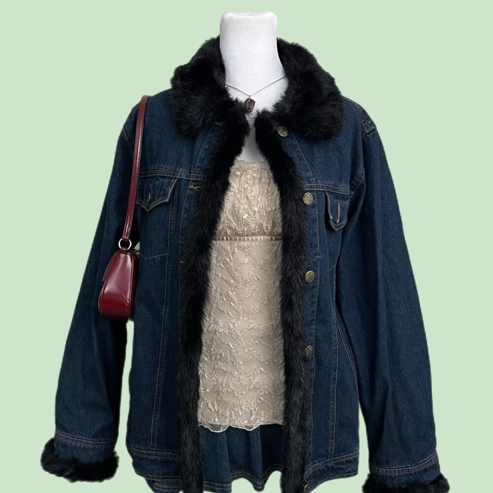 denim girly grunge downtown it girl faux fur trim jacket